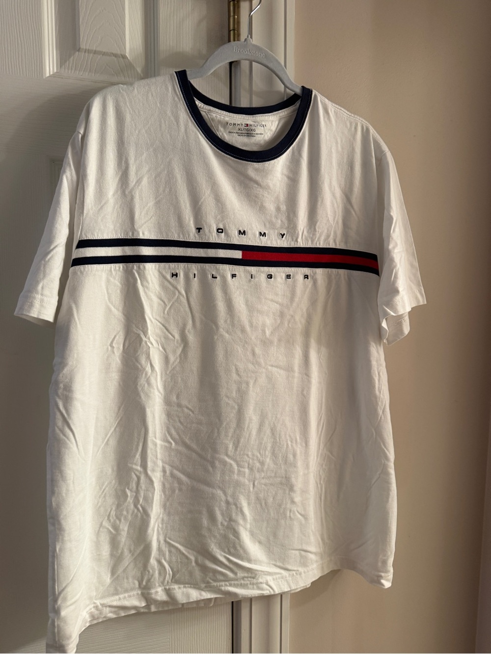Tommy Hilfiger White Tee with Navy and Red Stripe Logo